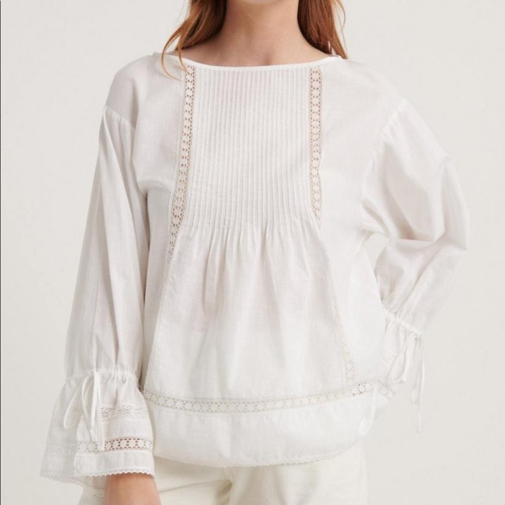 NEW Lucky Brand Pomegranate Inset Cotton Peasant White Cottagecore Eyelet Top XS